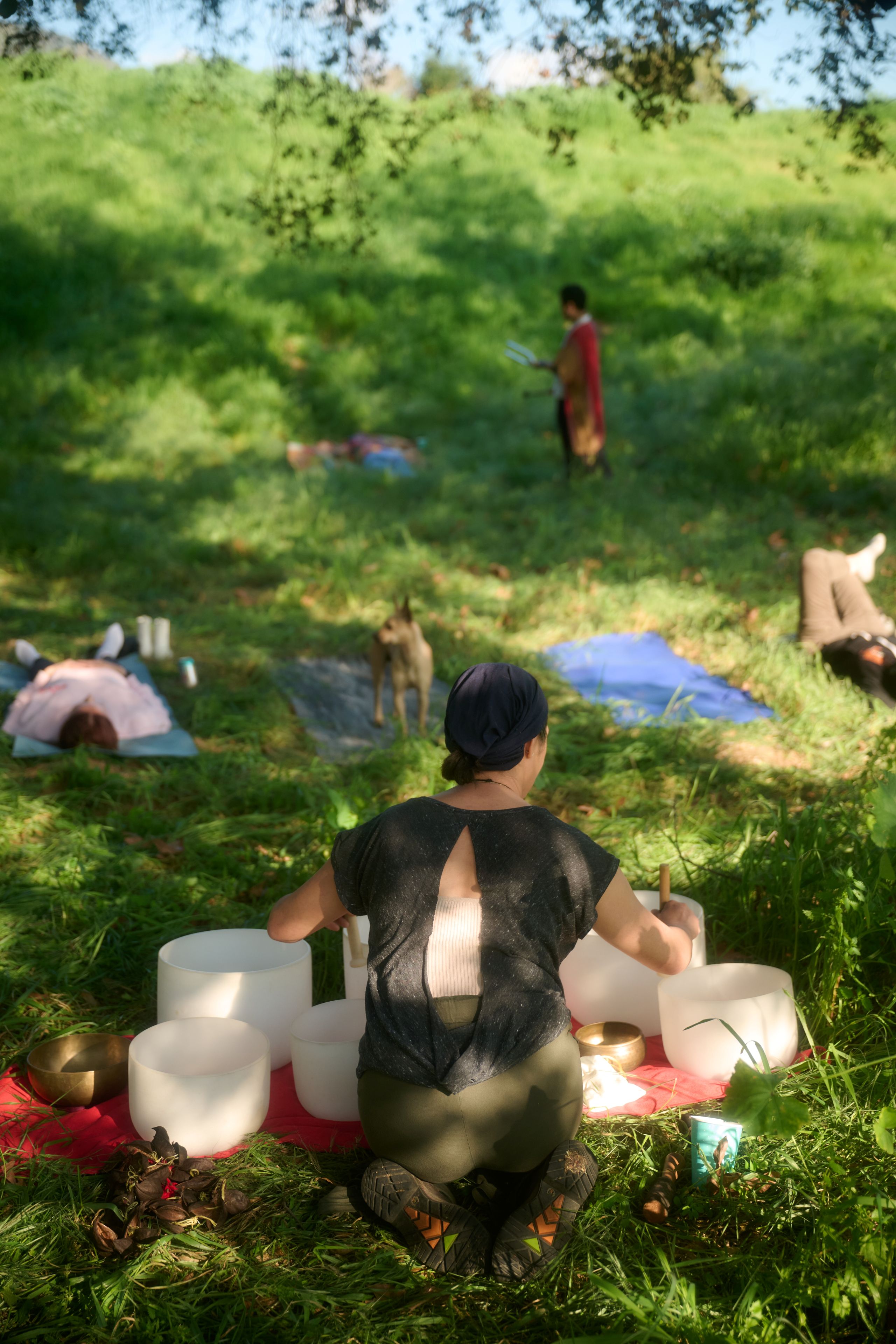 Facilitator playing crystal bowls in a green field