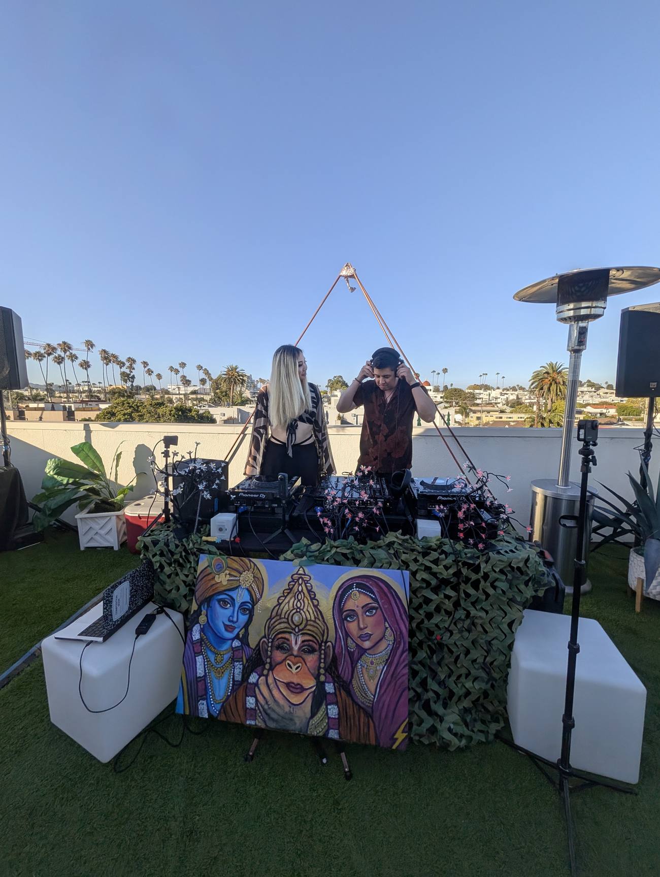 Rooftop booth and speakers set up before doors