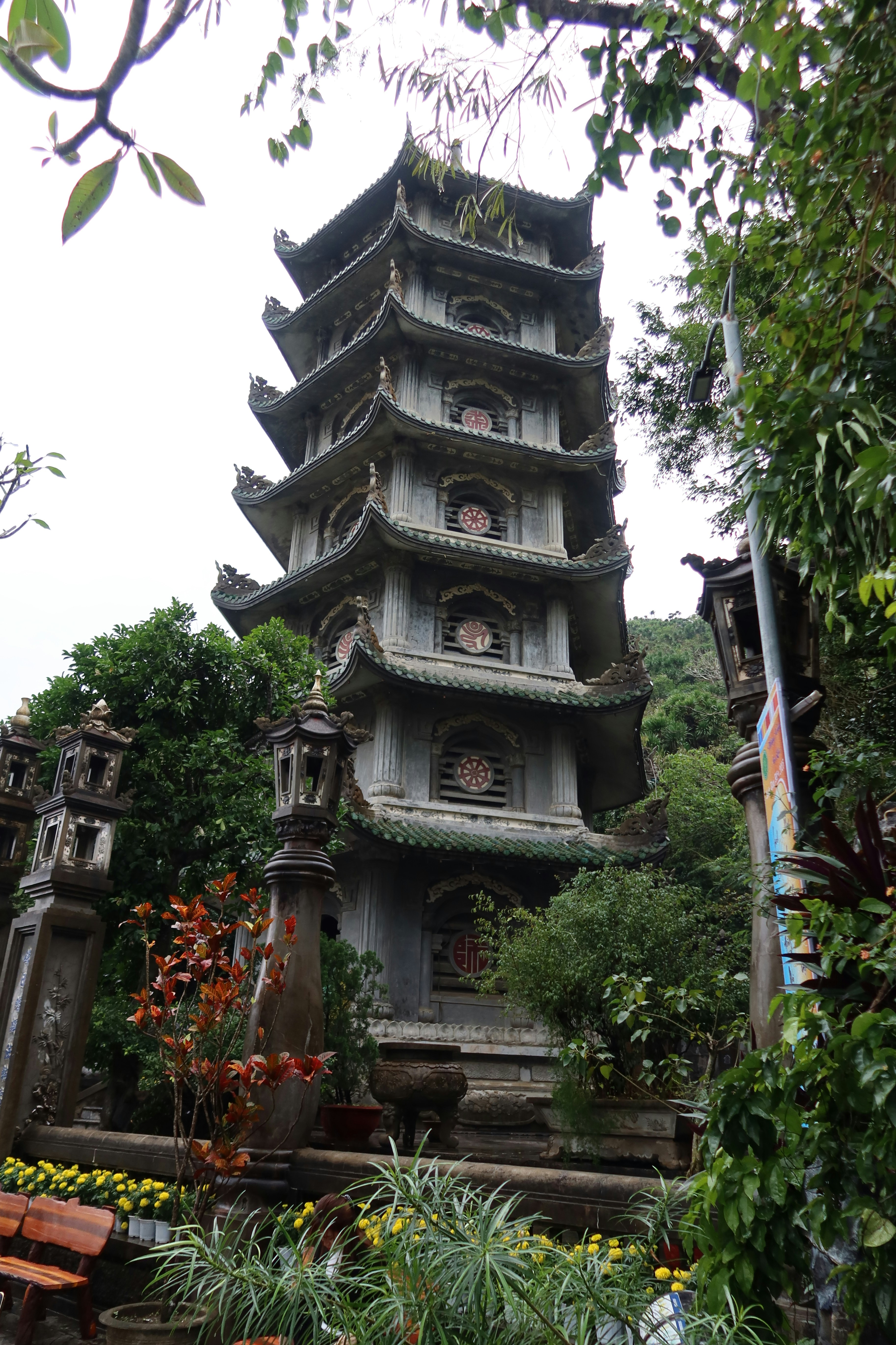 A stone pagoda tower in the Marble Mountains
